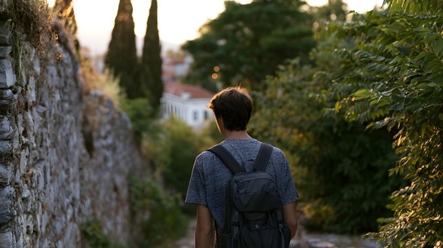 A person with a backpack walks along a stone path bordered by greenery and an ancient wall under warm sunlight