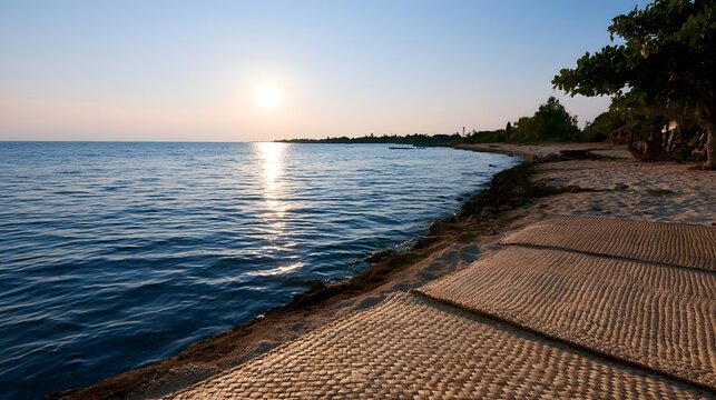 Sunset over tranquil ocean with sandy shore  woven mats  and lush greenery along the coastline under soft golden light