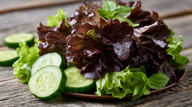 A fresh salad of red oak lettuce and cucumber slices arranged on a rustic wooden surface with basil leaves