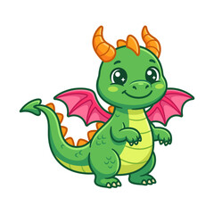 Fototapeta premium Cute Colorful Dragon Cartoon Character with Green Body, Pink Wings, Orange Horns and Friendly Smiling Face Isolated on White Background