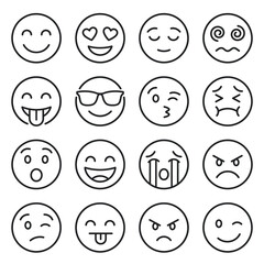 Fototapeta premium Minimal Emoji Line Icon Set with Happy Love Calm Angry Crying Laughing Sunglasses and Funny Facial Expressions Isolated on White Background
