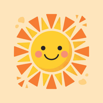 Cute Smiling Sun Flat Vector Illustration with Geometric Triangle Rays, Rosy Cheeks and Retro Halftone Texture on Pastel Background