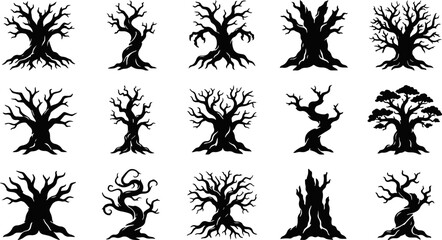 Fototapeta premium Collection of 13 unique black tree silhouettes on white background