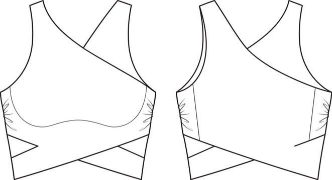 Women sports bra fashion technical flat sketch vector illustration with wrap detailing front and back view