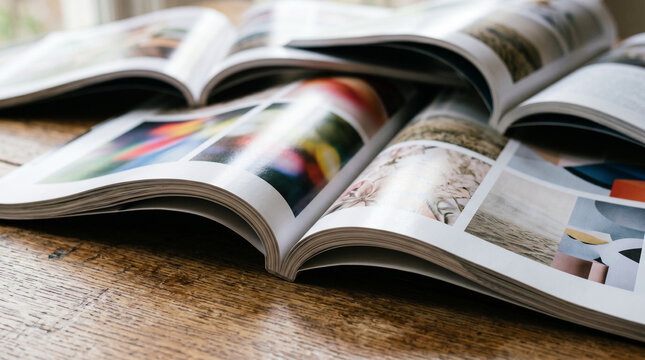 Stack of open lifestyle magazines with vibrant photographic pages on desk.