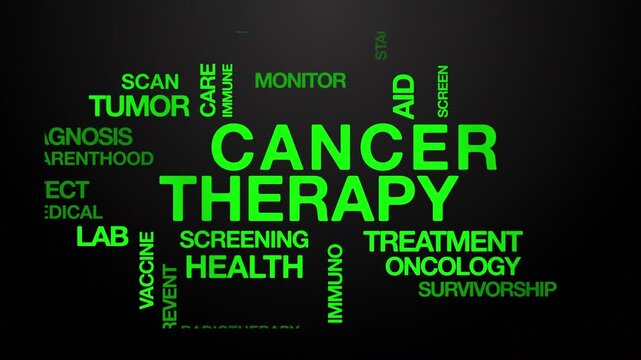 Cancer therapy concept Animated Tag Word Cloud kinetic typography, Text Design Animation typography seamless loop video motion graphics Intro Wordart arrangement green type on black background bg