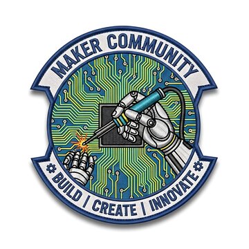 Maker community emblem with robot hand soldering circuit