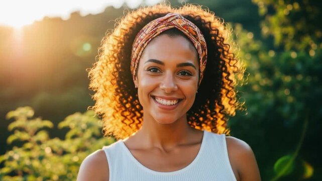 Joyful woman smiling in golden sunlight, warm portrait, radiant beauty happiness smile