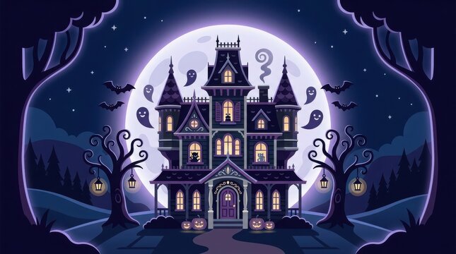 Mysterious haunted house at night with glowing windows surrounded by ghosts under full moon on spooky dark purple background.