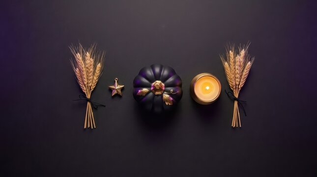 Minimalistic fall flat lay with dark purple pumpkin, golden decor, and wheat bundles on black background.
