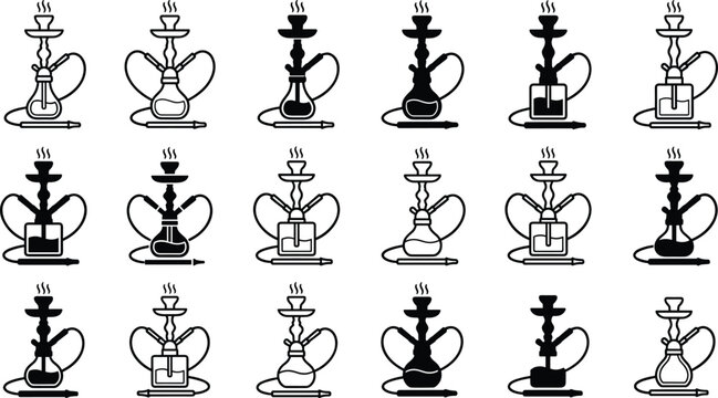 Hookah and Shisha Silhouette Icon Set featuring Smoking Pipe, Charcoal Burner, Water Base, and Tobacco Vape Symbols for Lounge and Bar Menu Layouts