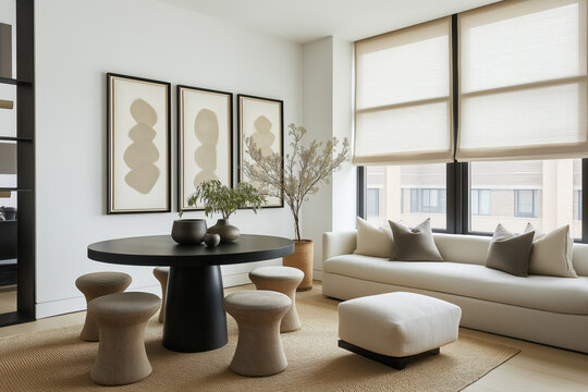 Serene contemporary interior, open living-dining space in warm neutrals, black round pedestal dining table with upholstered stools, cream linen sofa, framed minimalist artwork triptych