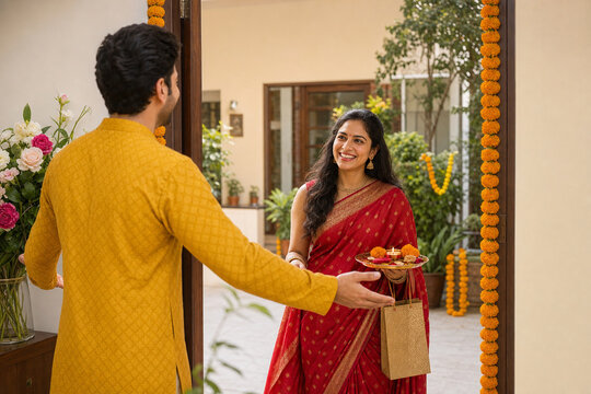 Sister arriving at family home for Raksha Bandhan celebration with thali