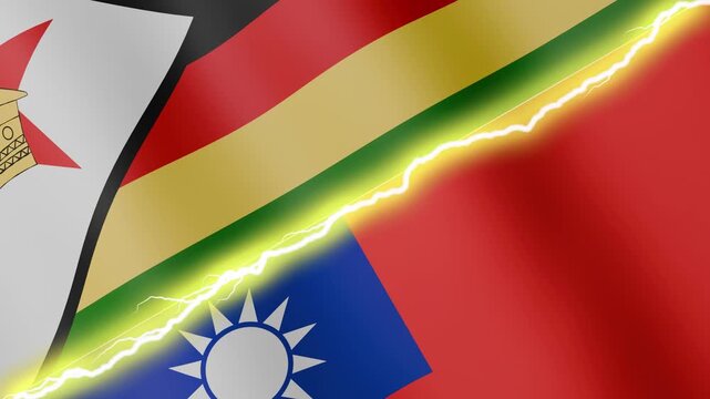 Two waving flags Zimbabwe and Taiwan with diagonal lightning seamless, 4k loop