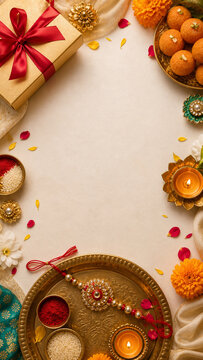 Vertical Raksha Bandhan festive background with rakhi thali and copy space