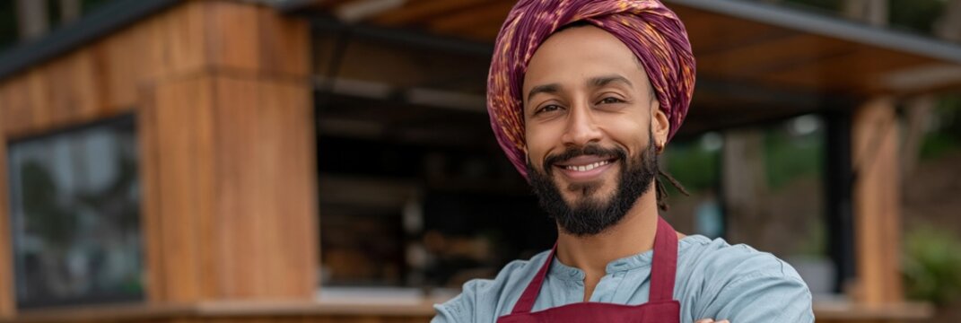 Young sikh man smiling with arms crossed outside cafe counter