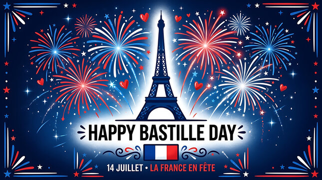 Happy bastille day celebration with fireworks and eiffel tower illustration