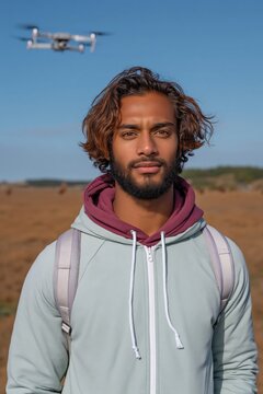 Young man standing with drone hovering in open field