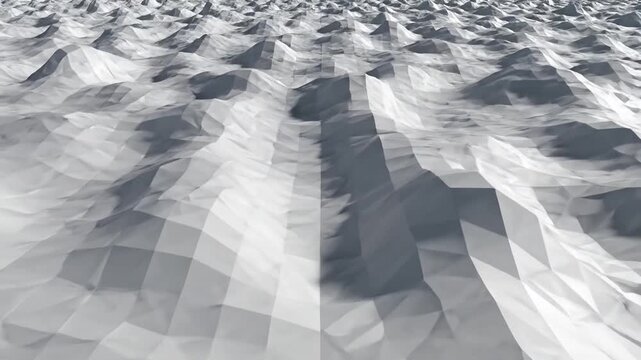 Abstract white low poly mountain landscape with geometric peaks and valleys moving slowly