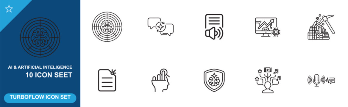 Artificial intelligence icons with brain target data mining and communication symbols.