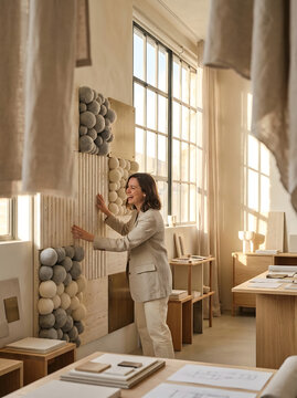 Mujer dise&ntilde;adora de interiores sonriente en su luminoso estudio eligiendo texturas y muestras de materiales para un proyecto de decoraci&oacute;n.