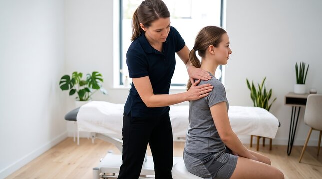 Female physical therapist examining and treating a female patient's upper back in a bright modern clinic.