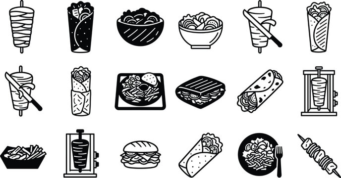Doner Kebab and Shawarma Fast Food Icon Set featuring Gyros, Wrap, Shish Kabob, and Middle Eastern Street Food Symbols for Restaurant Menu Layouts
