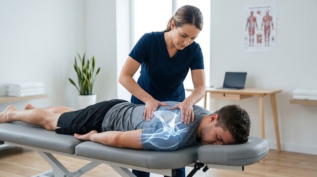 Female physiotherapist treating a male patient's lower back with a 3D holographic pelvis and hip bone overlay.