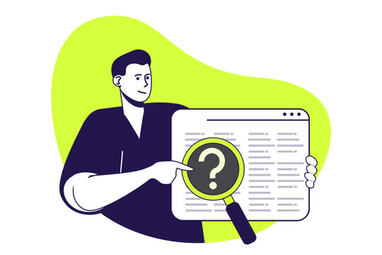 QA software testing modern flat concept for web banner design. Man magnifying and inspecting code, finding and fixing problems, tester troubleshooting. Vector illustration with isolated people scene.
