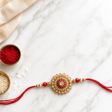Minimal premium rakhi on white marble with clean copy space
