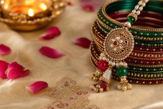 Ornate lumba rakhi on colorful bangles for Bhaiya Bhabhi celebration