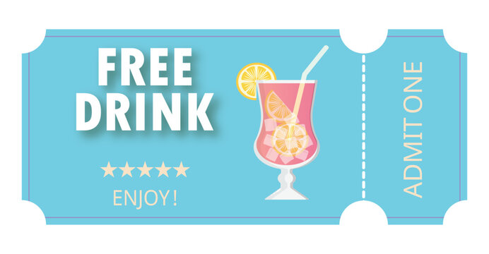Free drink ticket voucher on blue background.