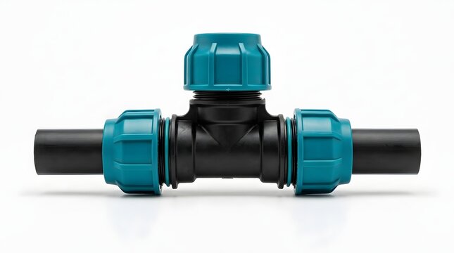 Blue and black plastic pipe tee connector on a white background, studio shot.