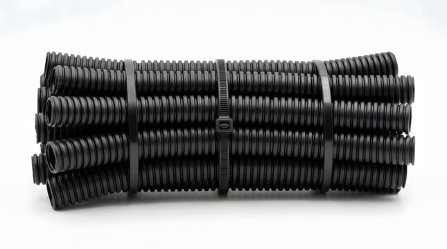 Bundle of black corrugated plastic tubing secured with cable ties.