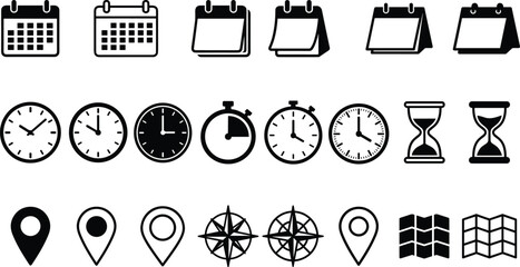 Time and Location Icon Set featuring Calendar, Clock, Stopwatch, Hourglass, Map Pin, and Navigation Compass Symbols for Interface Design Layouts © MstRasida