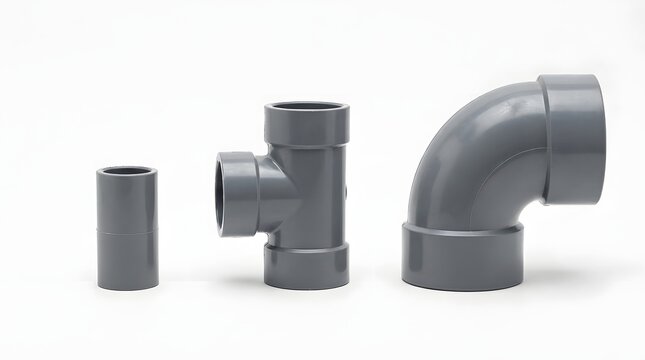 Assorted gray pvc pipe fittings including elbow tee and coupling.
