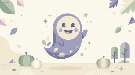 Fototapeta premium Cute cartoon ghost character with pumpkins and falling leaves for autumn halloween party flat vector illustration greeting.