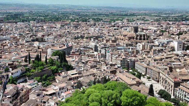 Panoramic view from the Alcazaba over Granada and the Renaissance Cathedral of Our Lady (Catedral de Granada)