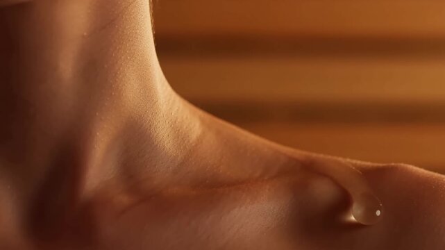 Close up of massage oil dripping on a woman's shoulder during a relaxing spa treatment, highlighting skincare and wellness concepts in a warm, serene setting