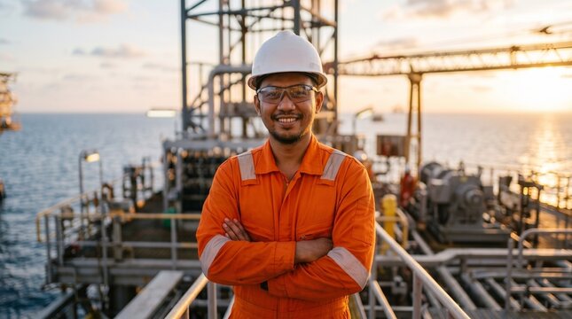 Confident male offshore engineer with arms crossed smiling on oil and gas platform deck at sunset, worker in orange coverall and hard hat at petroleum facility, industrial energy concept