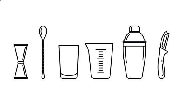 Cocktail tool set featuring jigger, spoon, glass, measuring cup, shaker, and peeler in simple black line art.