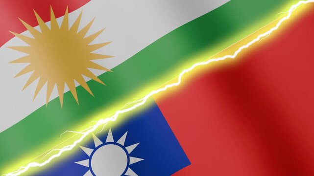 Two waving flags Kurdistan and Taiwan with diagonal lightning seamless, 4k loop