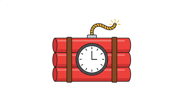 Red dynamite bundle with analog clock timer and sparkling fuse represents countdown danger on white background.