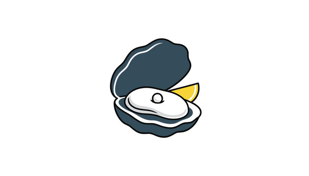 Opened dark blue gourmet oyster shell displaying a shiny white pearl and fresh yellow lemon slice on the side.