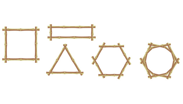 Decorative rustic natural bamboo stick border frames in square, rectangle, triangle, hexagon, and octagon shapes.