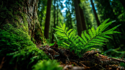 Green fern growing on mossy tree roots in lush sunlit forest environment with woodland © Sadia