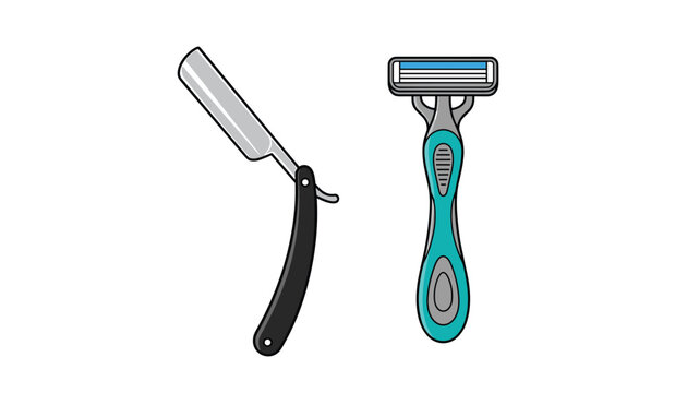 Men shaving accessories showing a vintage straight razor with black handle and a modern blue cartridge razor.