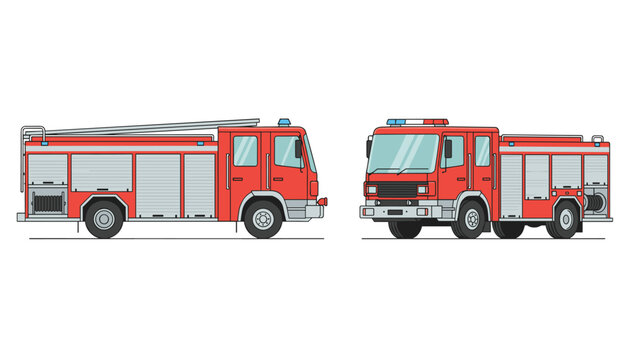 Red fire engine trucks in side profile and front angle views showing emergency vehicle equipment and details.