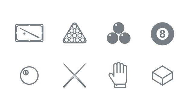 Gray billiard and pool game icons set featuring table, cues, racked balls, cue ball, eight ball, glove, and chalk.