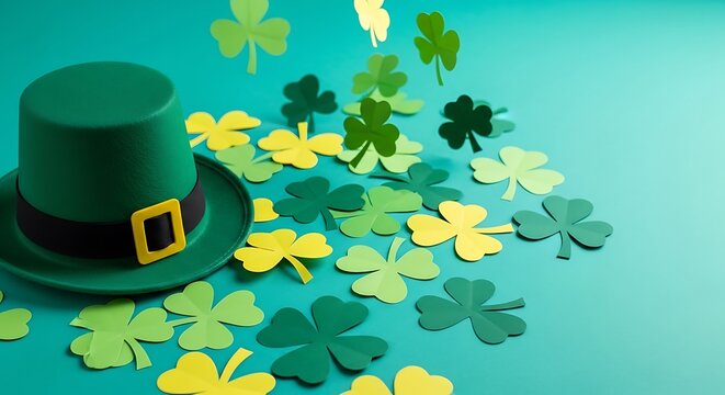 St. Patrick's Day theme featuring a green hat, shamrocks on a teal surface